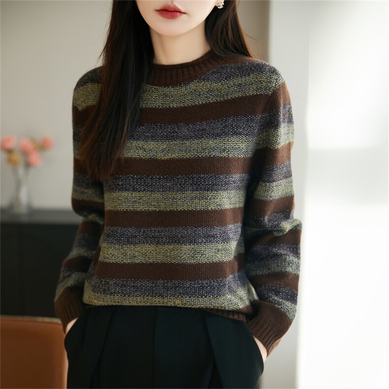 2025年秋季时尚百搭通勤简约休闲坑条卷边半高领针织衫，女装针织衫/毛衣，郡淞羊绒