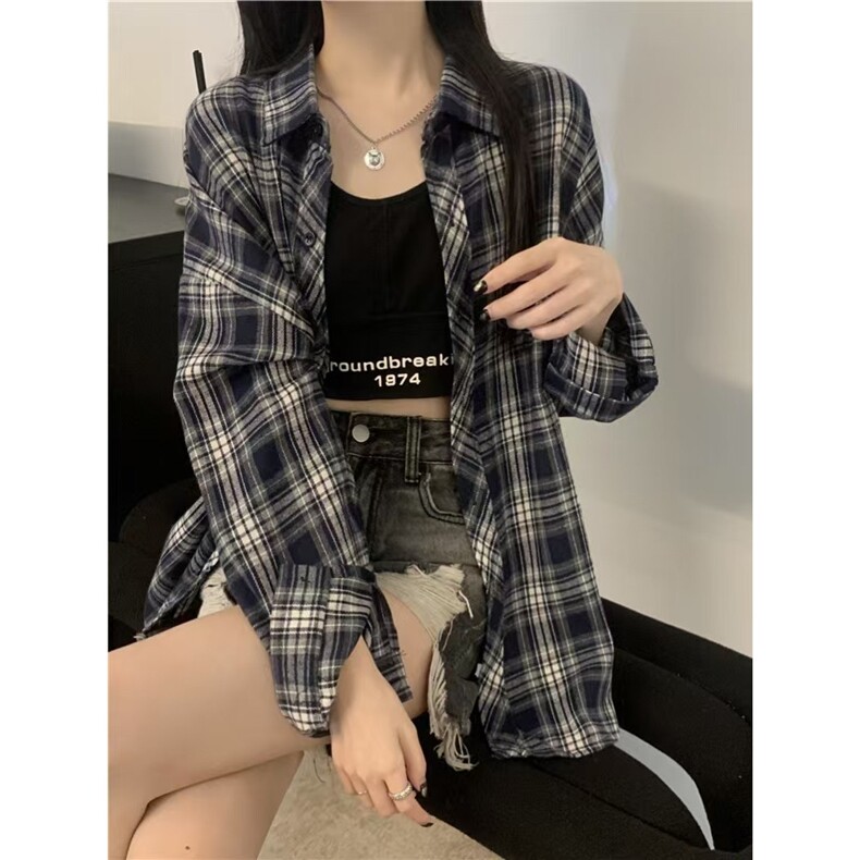 韩式复古长袖格子衬衫外套女春秋季设计感宽松小众百搭翻领衬衣潮,男装衬衫,星座506A