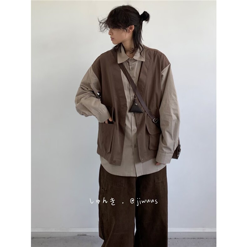 W10357-P58网图现货日系复古拼接假两件衬衫中性休闲百搭外套,男装衬衫,星座1608