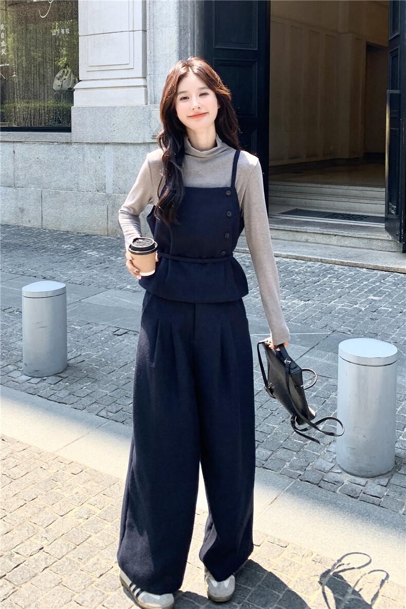 深蓝色单排扣收腰吊带套装女秋季2025年新款打底衣阔腿长裤三件套,女装套装/套裙,2C159