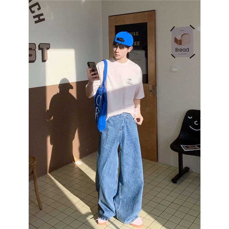 牛仔裤男春秋新款美式宽松直筒斜扣不对称结构裤子LN16111-P50,男装牛仔裤,星座1008