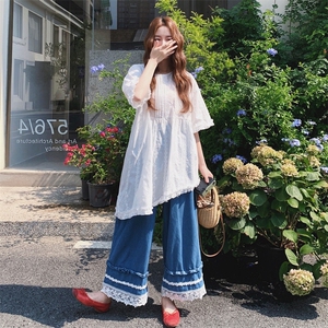 不规则刺绣碎花衬衫阔腿裤套装女夏2025新款超火绝美温柔风两件套图片