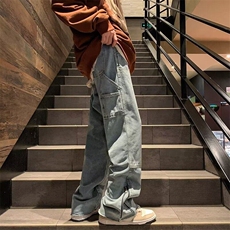 毛边牛仔裤男女韩版潮流高街裤脚拉链2025春季ins长裤RK2263-P51，男装牛仔裤，星座412-3