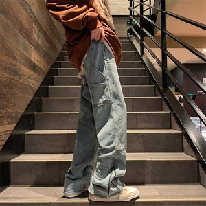 毛边牛仔裤男女韩版潮流高街裤脚拉链2025春季ins长裤RK2263-P51图片