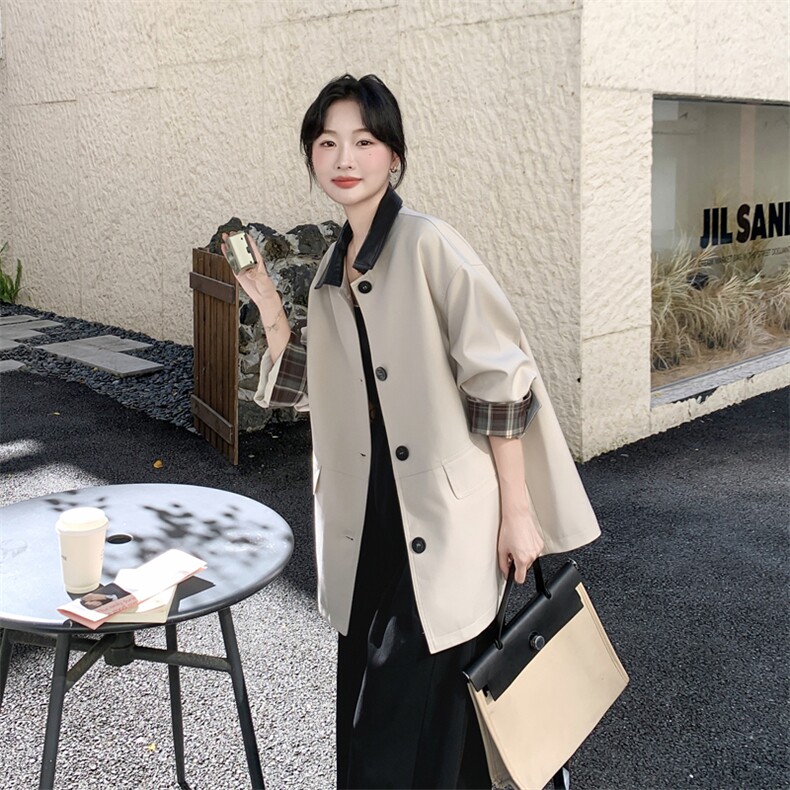 撞色格子拼接风衣外套女2025秋季新款韩系设计感气质百搭显瘦大衣图片