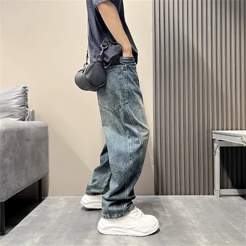 美式弯刀裤男士秋季大口袋拼接牛仔裤潮流百搭阔腿裤男弯刀牛仔裤,男装牛仔裤,星座506A