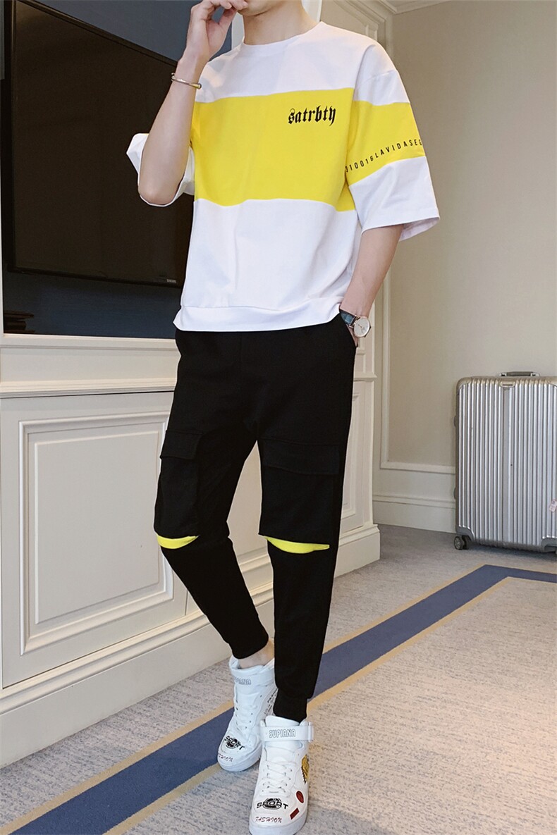 新款夏季潮流T恤上衣男装青少年宽松棉质ins圆领套装F12P68,男装休闲套装,电商A086