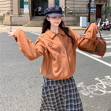 韩版美拉德精致烧花镂空花朵polo领麂皮绒拉链外套女秋夹克棒球服，女装套装/套裙，2D148