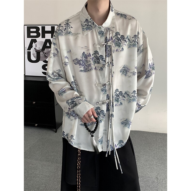 新中式山水画白色衬衫男风复古盘扣流苏设计感衬衣CS4315P95图片