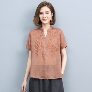 棉麻衬衫女夏2025新款高端大码宽松苎麻小衫中年妈妈短袖亚麻上衣图片