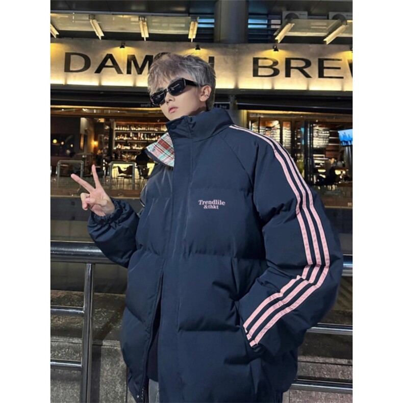 9901-P70美式短款撞色格子棉服男款冬季三条杠立领外套加厚,男装棉衣,电商B323A