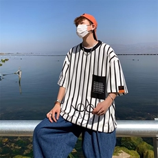条纹T恤男韩版潮流拼色帅2026夏季新款ins宽松百搭体恤ST133-P26，男装T恤，星座412