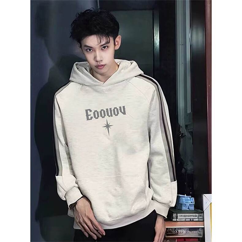 抖音得物美式休闲拼接织带撞色宽松潮连帽印花卫衣外套A1811，女装短外套，电商A443