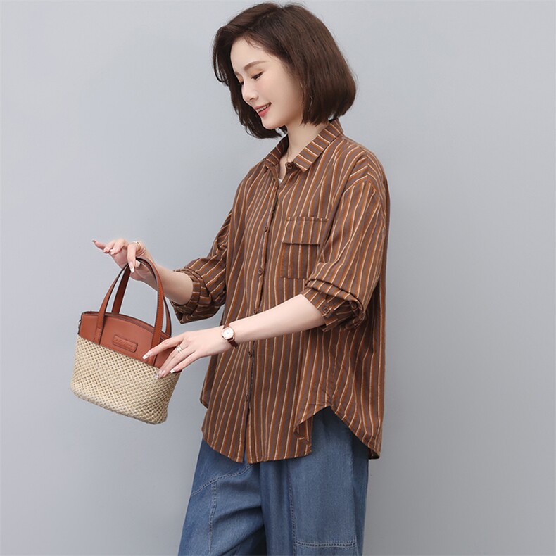 纯棉条纹衬衫女2024年春秋新款大码宽松减龄中年妈妈休闲长袖上衣,女装衬衫,忆绮罗