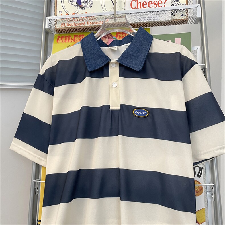 夏男短袖T恤条纹牛仔领POLO衫贴标T恤衫T0013P33,男装T恤,星座1013-1