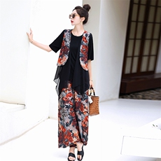 大码显瘦阔腿裤套装女夏2025新款爆款洋气遮肉减龄雪纺马甲三件套，女装套装/套裙，衣之秀