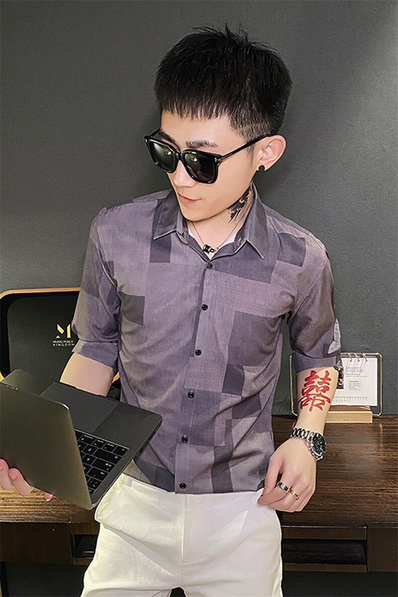 312A-110-P55新款社会小伙中袖衬衫韩版潮流男士五分袖衬衣B,男装T恤,星座312A-5