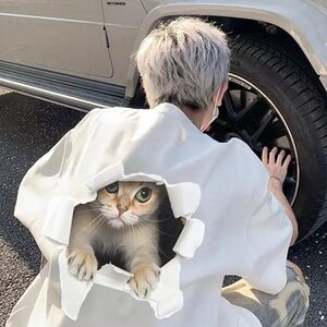 网图 夏季高街猫咪印花t恤男oversize白色短袖 1001-1-A660-P32图片