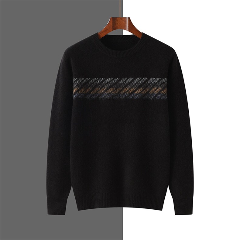 时尚男士羊绒圆领毛衣宽松加厚拼色设计温暖舒适冬季必备，男装羊绒套衫，隆格羊绒