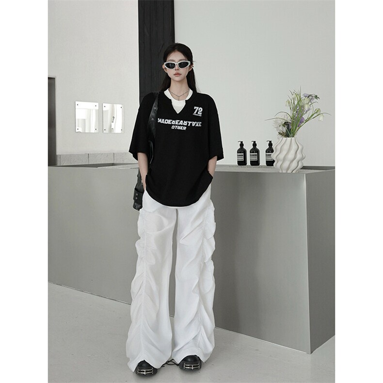 美式潮牌假两件拼接v领短袖t恤女男夏宽松复古华夫格小众情侣上衣,男装T恤,星座601-1