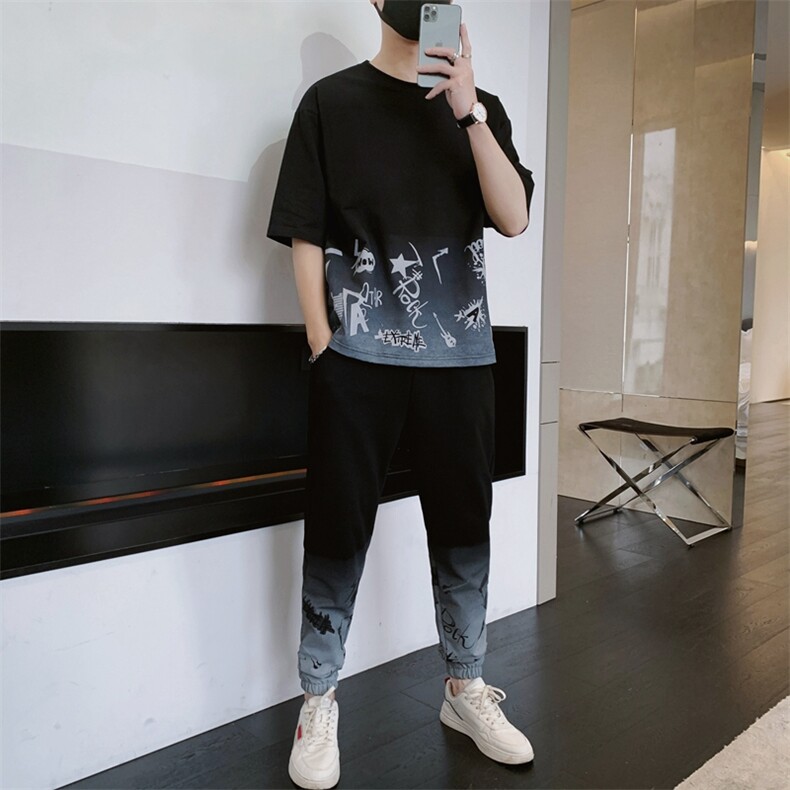 夏季新款短袖T恤套装青少年运动休闲宽松潮流两件套男装F308P68图片