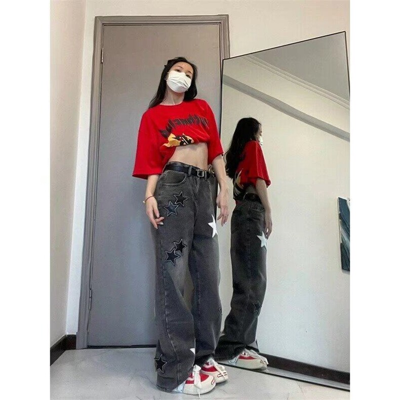 大码胖妹妹高街设计感星星刺绣牛仔裤女春秋新款高腰显瘦阔腿长裤,男装牛仔裤,星座506A