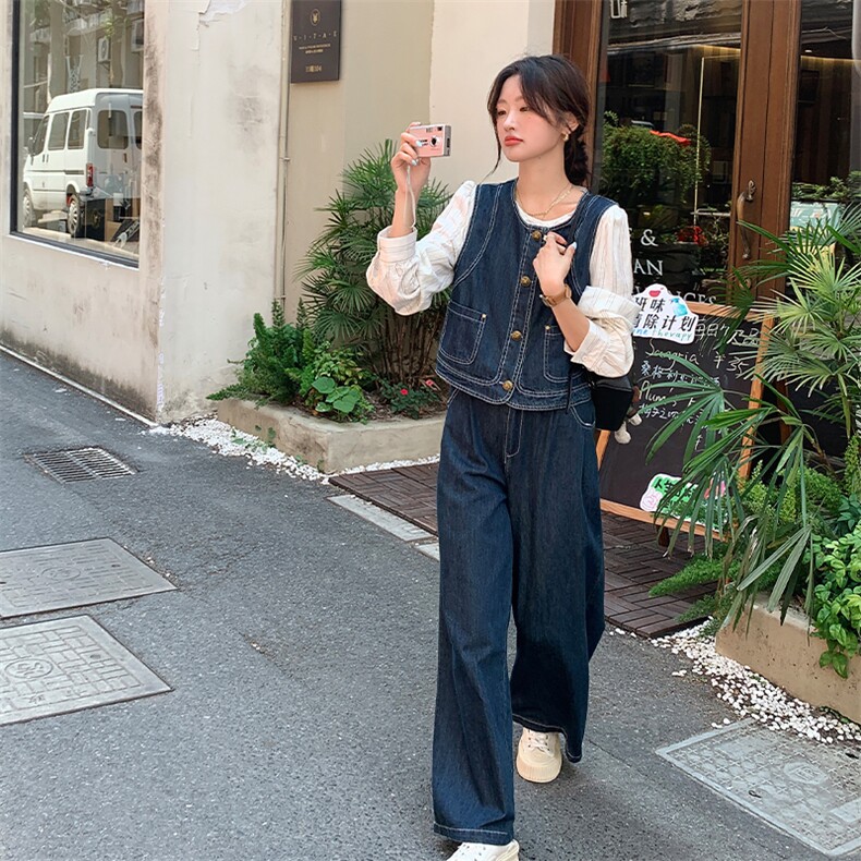 韩系穿搭牛仔套装女春秋2025年新款酷飒拽姐马甲配阔腿裤三件套装,女装套装/套裙,浙宝285（原212）
