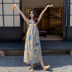 法式复古温柔风长款碎花吊带裙女2025夏季新款清冷感度假风连衣裙，女装连衣裙，2C258