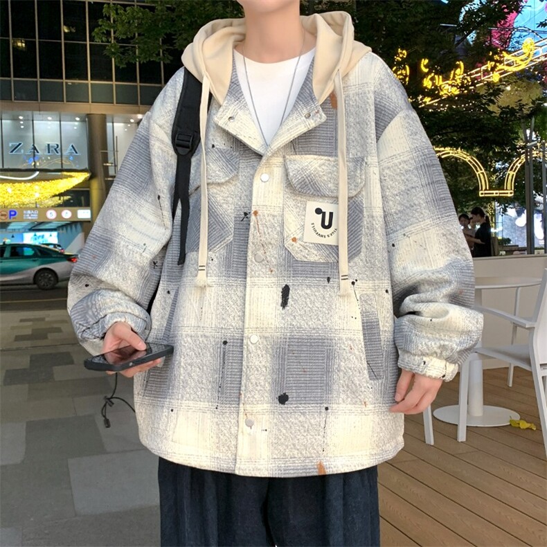 工装夹克男秋季新款潮流拼色格子大码外套男学生宽松休闲连帽秋装,男装夹克,星座813-2