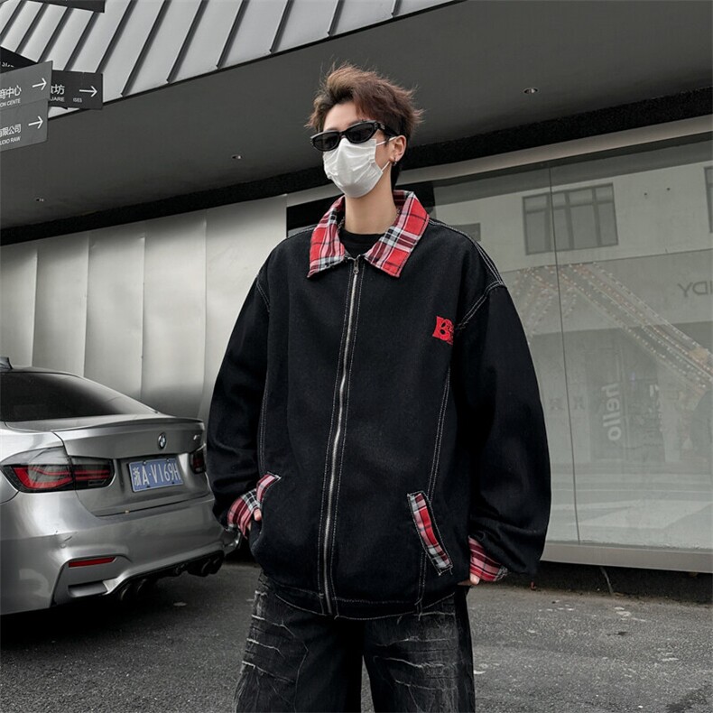 格子拼接复古刺绣水洗牛仔外套潮流宽松设计感外套,男装夹克,星座410-7