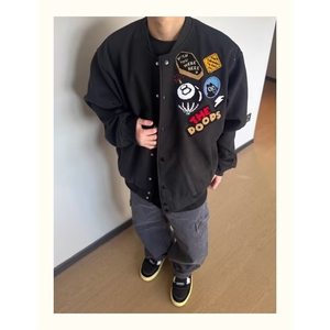J9986-P65高街潮牌毛呢棒球服毛巾绣宽松夹克