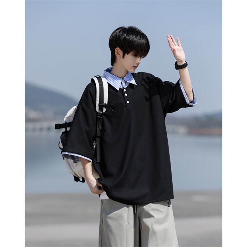 8XL-M假两件衬衫领短袖T恤大码夏季条纹拼接polo衫半袖DX1211/P45,男装T恤,电商B238