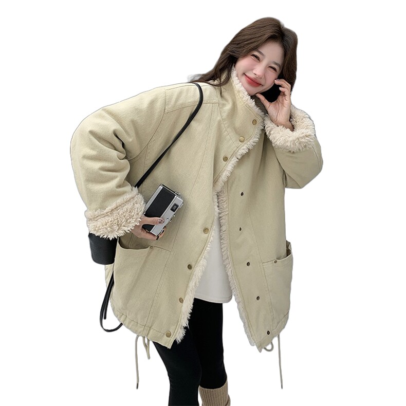 韩系羊羔毛外套女秋冬皮毛一体毛领保暖加厚立领派克服毛绒外套,女装棉衣/棉服,2C166