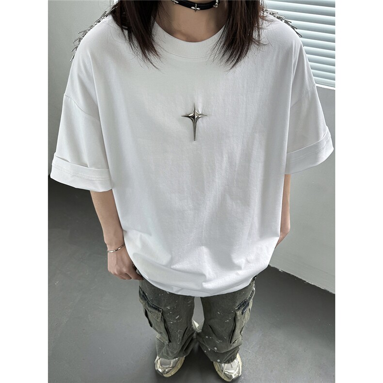 夏季260克美式复古四芒星情侣短袖T恤衫中性上衣男D343P43,男装T恤,电商A335-1（原A458）