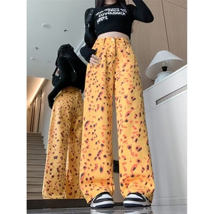 美式复古个性豹纹高腰休闲裤女2025秋季小众设计直筒拖地阔腿长裤图片