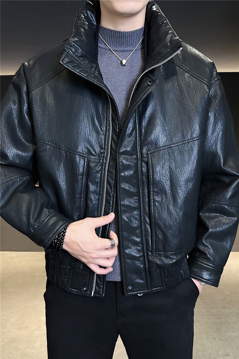 90新标2025pu蛋白皮立领加厚保暖宽松休闲羽绒服外套5886-P315,男装羽绒服,电商A413