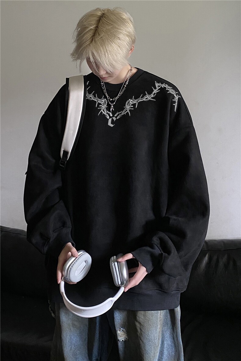 秋季新款美式高街荆棘印花宽松圆领卫衣JK23552特批38控68,男装卫衣,星座605(原A050)
