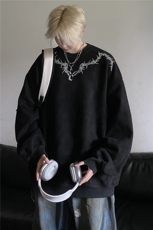 秋季新款美式高街荆棘印花宽松圆领卫衣JK23552特批38控68，男装卫衣，星座605(原A050)
