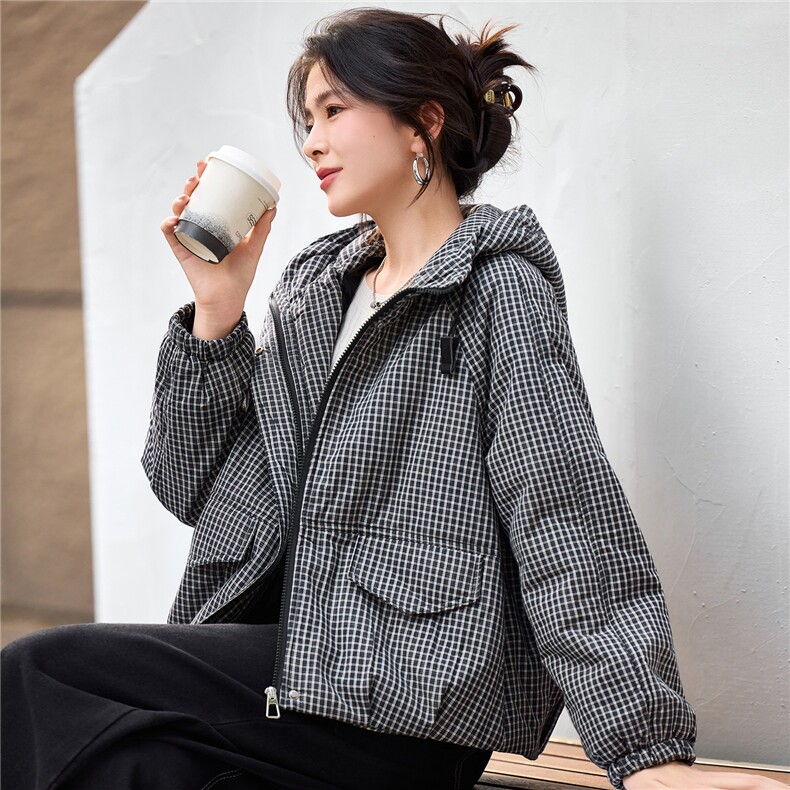 2025年冬季宽松连帽格子加厚棉衣服棉短款外套,女装棉衣/棉服,简韵佳