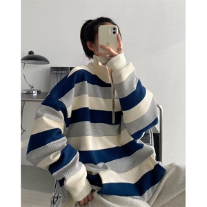 复古半拉链条纹卫衣男女春秋薄款宽松长袖上衣外套 W8805图片