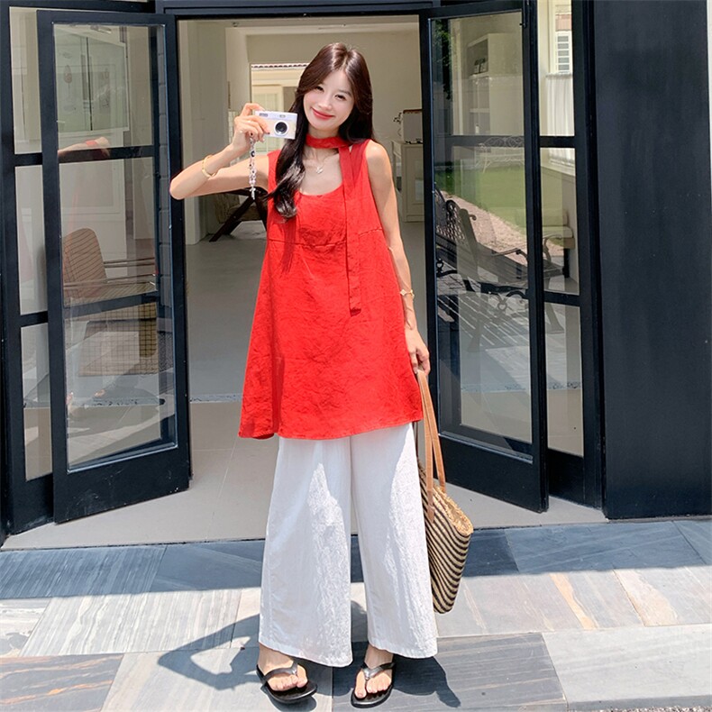 俏皮活泼红色无袖衬衫阔腿裤套装女夏两件套韩里韩气流行爆款流行,女装套装/套裙,2D034