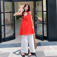 俏皮活泼红色无袖衬衫阔腿裤套装女夏两件套韩里韩气流行爆款流行，女装套装/套裙，2D034