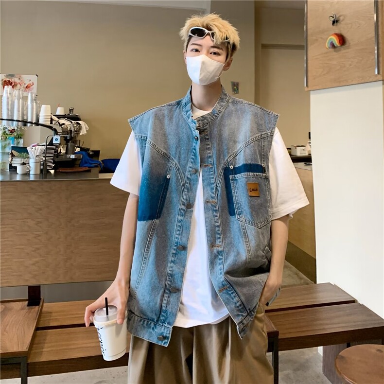 美式复古拼色牛仔马甲外套男春装韩版宽松直筒无袖外搭夹克上衣,男装夹克,星座1013