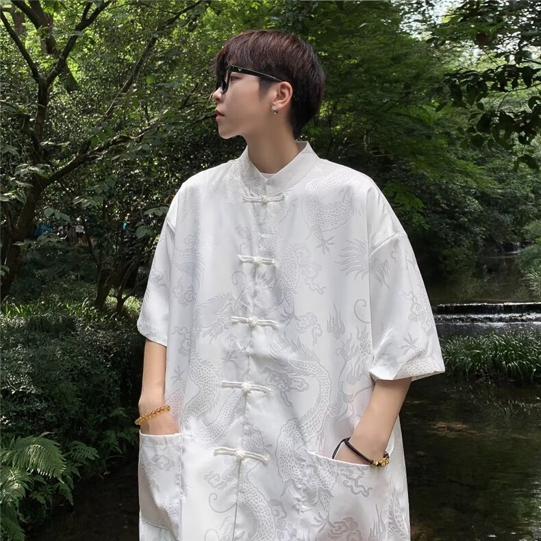 新中式潮复古暗龙纹盘扣风禅意衬衫夏季外套衬衣上衣CS550,男装衬衫,星座601-2