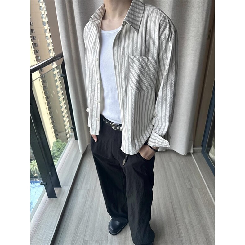 美式潮牌高街复古泡泡纱竖条纹日系肌理长袖衬衫男女休闲宽松衬衣,男装衬衫,电商A486