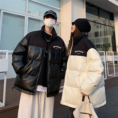 街景时尚字母印花宽松休闲情侣拼色PU皮棉服A247-MY406P115控168，男装棉衣，电商A247