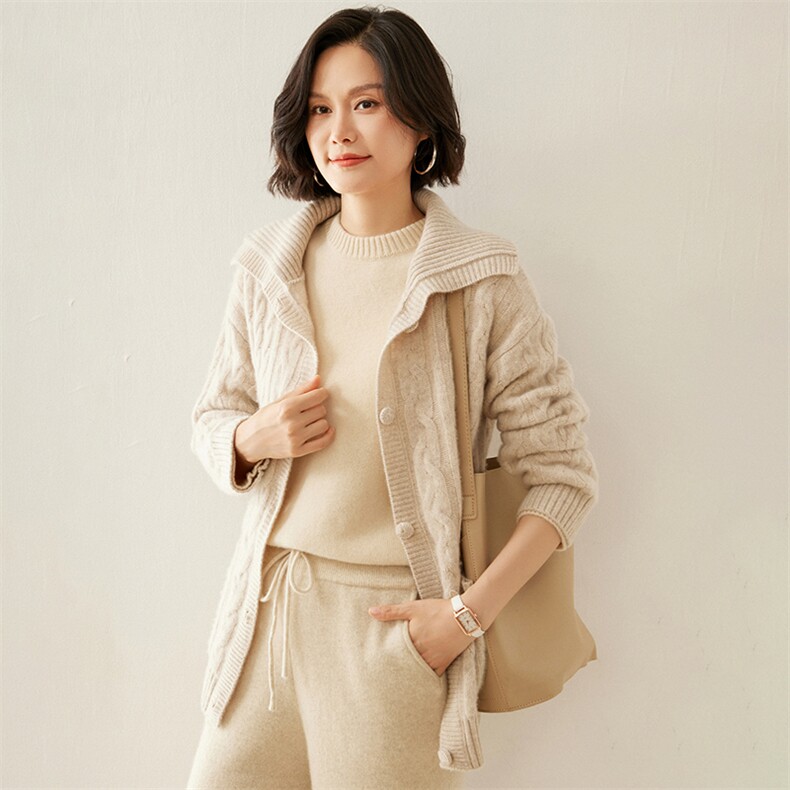 2024秋季新款翻领长袖开衫休闲百搭35%羊绒衫,女装羊绒衫,蚂蚁派对工厂直营店