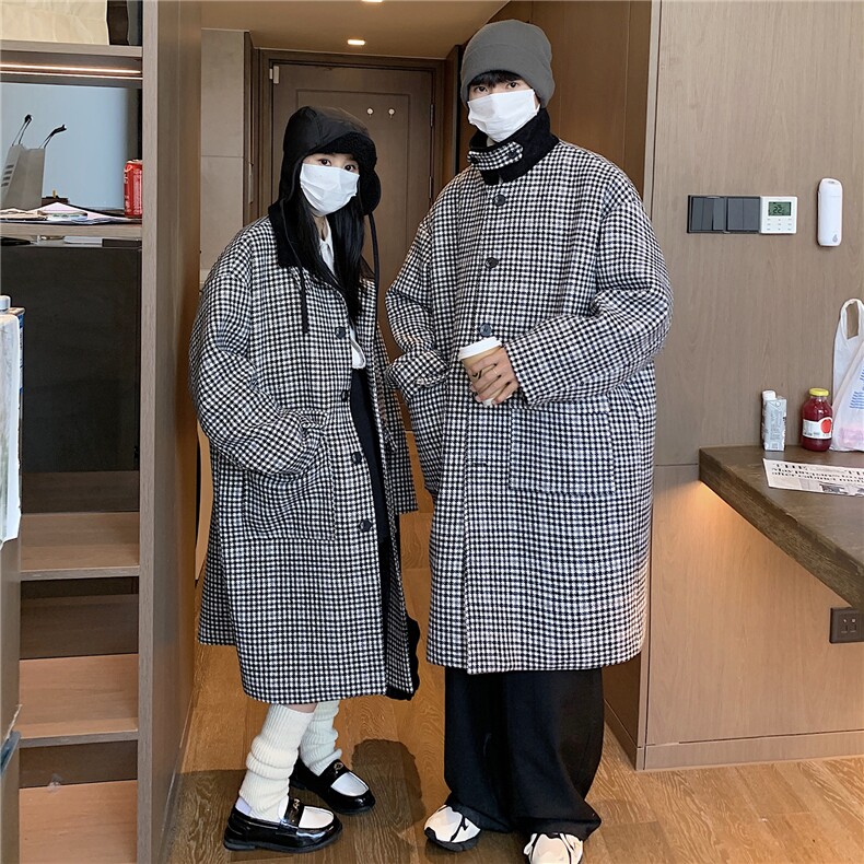 情侣装冬 中长款呢大衣翻领宽松廓形格纹夹棉毛呢外套 G1038 P128图片
