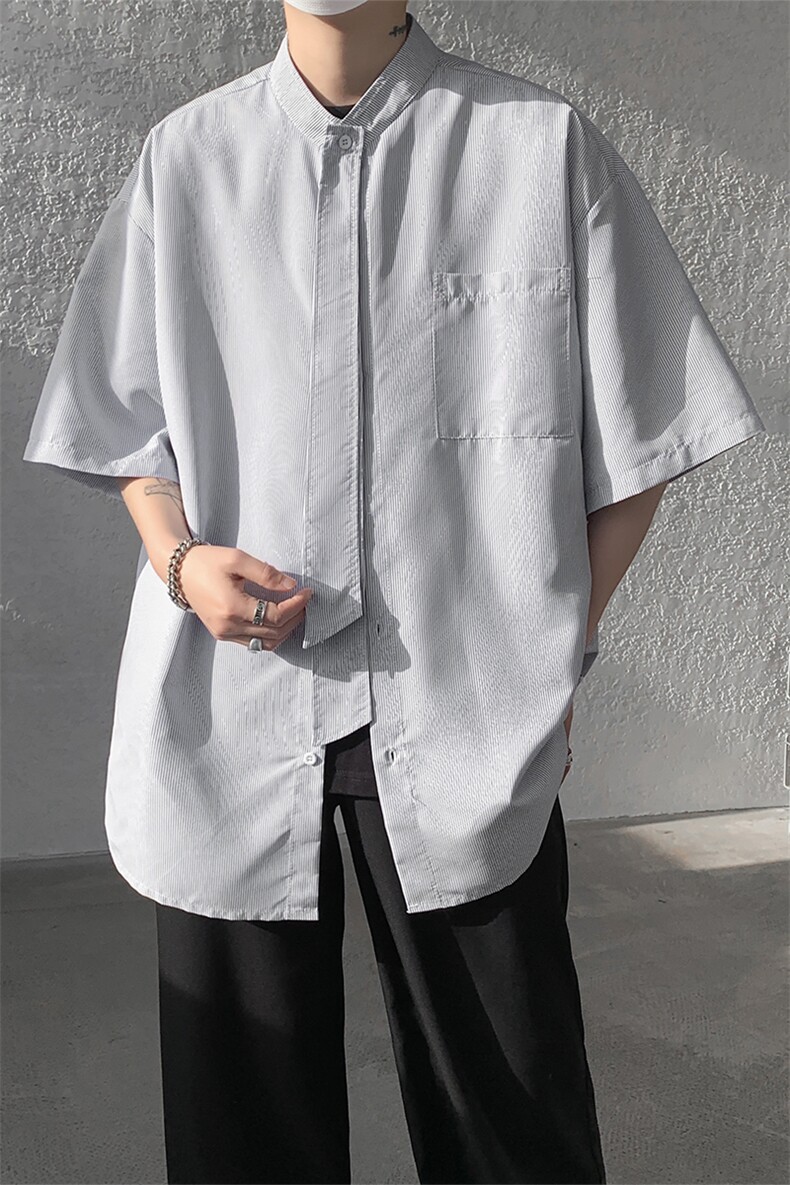 明星私服学院风条纹衬衫搭配可拆卸领带英伦风条纹打底衬衫P38,男装衬衫,电商B319