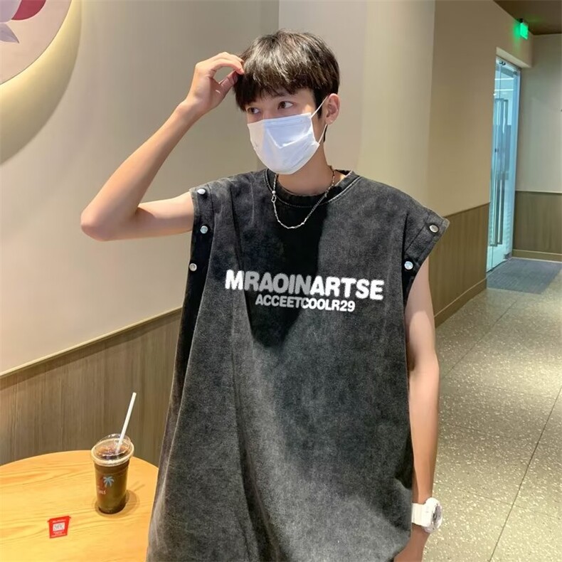 复古水洗做旧可拆卸袖子短袖t恤男女oversize宽松休闲T恤BT04P38,男装T恤,星座1116-2